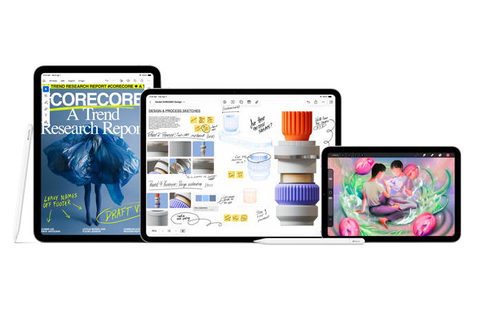 Verschillende iPads: iPad Pro, iPad Air en iPad, Apple Pencil Pro staat tegen iPad Pro aan, voor de andere iPads ligt een Apple Pencil