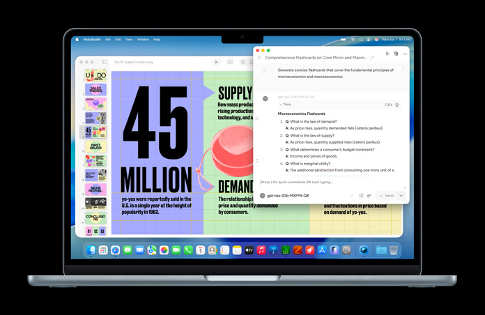 Un MacBook muestra una pantalla de Msty Studio con fichas de macroeconomía para demostrar las capacidades de IA en el dispositivo