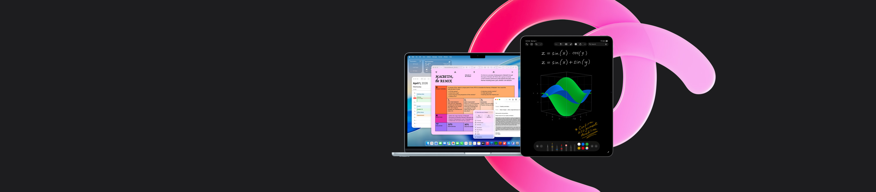Un MacBook Air con las apps Pages, Calendario, Alerta y Mail en pantalla junto a un iPad que muestra ecuaciones escritas a mano en Notas Matemáticas, se muestra la productividad con las apps integradas