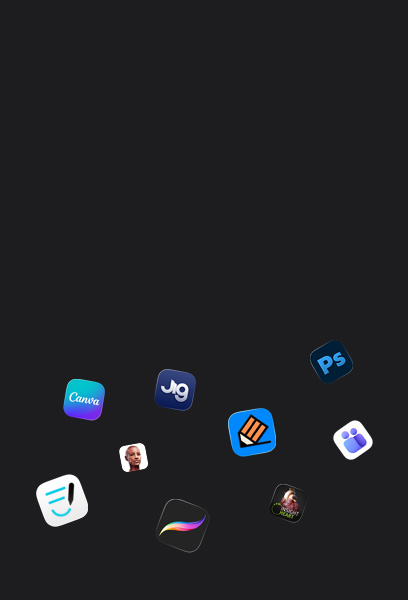 Allerlei symbolen van app-partners: Goodnotes, Canva, Complete Anatomy, Procreate, JigSpace, Notability, INSIGHT HEART, Adobe Photoshop, Microsoft Teams