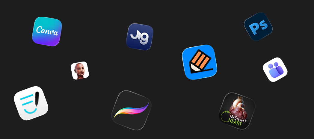 Allerlei symbolen van app-partners: Goodnotes, Canva, Complete Anatomy, Procreate, JigSpace, Notability, INSIGHT HEART, Adobe Photoshop, Microsoft Teams