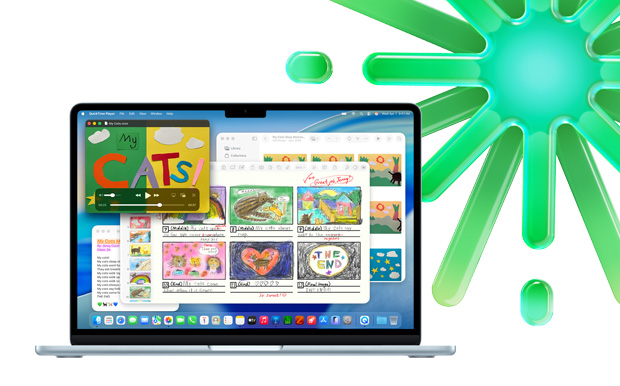 MacBook in Sky Blue, displaying Quicktime, Notes, Keynote, and Photos, showcasing ability to multitask with multiple apps