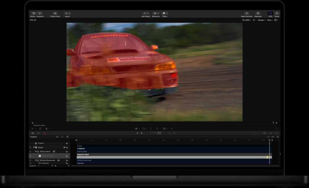 MacBook Pro 16, screen showing Motion workspace with green car driving through a field, red mask overlay