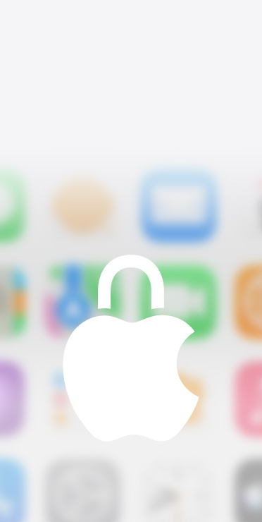 Apple privacy-logo met een hangslot, wit op een wazige achtergrond met apps op het Beginscherm