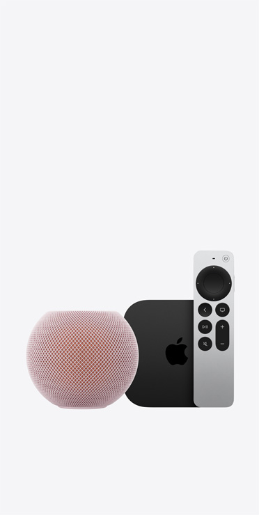 HomePod mini 2, kleur roze, met Apple TV 4K en Siri Remote