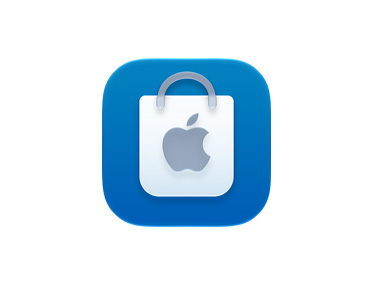 Symbool van Apple Store-app, kleur blauw, met wit Apple logo op een winkeltasje