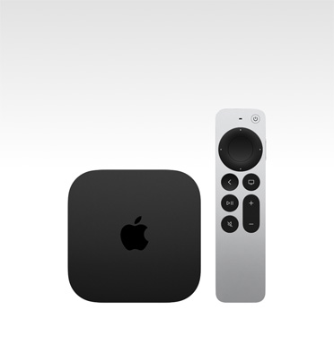 Bovenaanzicht van Apple TV 4K in de kleur zwart, weergegeven met Siri Remote in de kleur zilver
