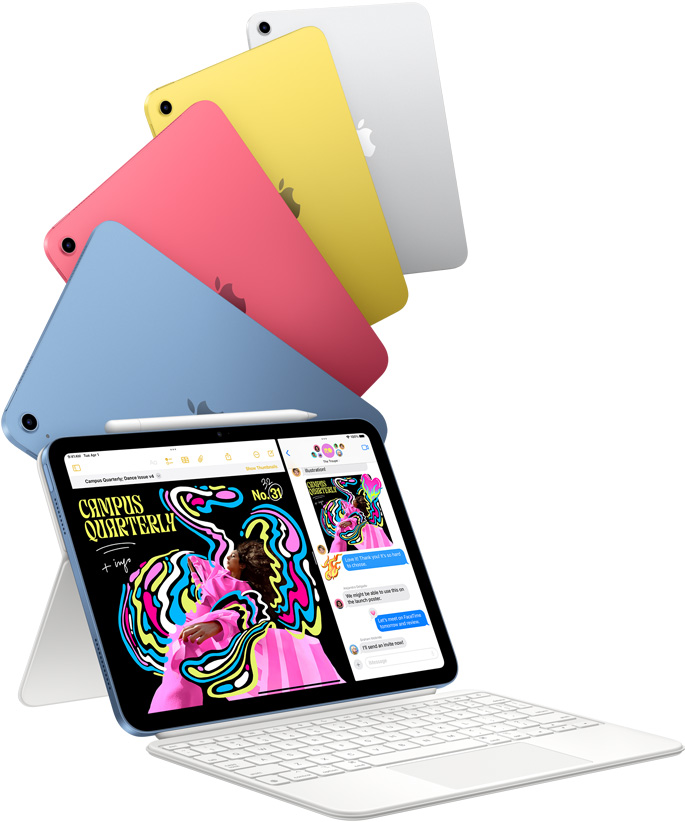 iPad en bleu, rose, jaune et argent, et un iPad associé au Magic Keyboard Folio.