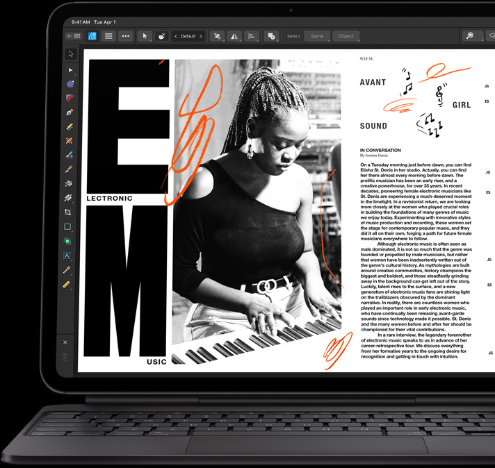 iPad Pro, face avant, orientation paysage, noir sidéral, fixé à un Magic Keyboard, ouvert, face avant, orientation paysage, couleur noire, écran d’iPad Pro affichant la modification d’un article