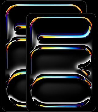 13-inch iPad Pro, 11-inch iPad Pro, portrait orientation, front exterior, space black color, rounded edges, black display bezel, displays showing multicolored, curved abstract word 'PRO' vertically oriented