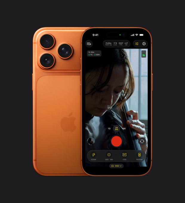 Obrazovka iPhonu 17 Pro zobrazuje funkciu ProRes RAW pri nahrávaní videa ženy hrajúcej na violončelo