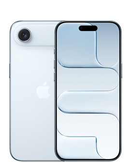 iPhone Air, πίσω όψη, Γαλάζιο χρώμα, σύστημα κάμερας Fusion στην κορυφή, με το λογότυπο της Apple στο κέντρο, μπροστινή όψη, Γαλάζιο χρώμα, κεντραρισμένο στην κορυφή το Dynamic Island