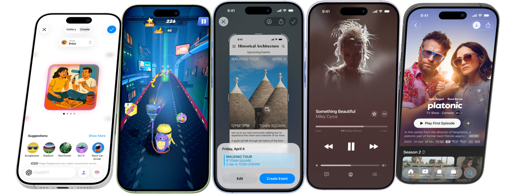 Řada iPhonů 17 vyskládaných vedle sebe, které se zatočí a zastaví tak, aby byly na displejích vidět vybrané funkce