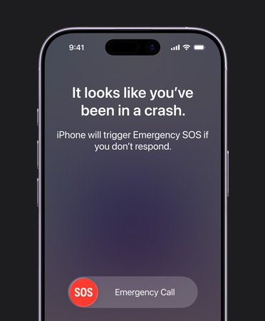 iPhone 17, eksterior depan, sudut melengkung, fitur deteksi tabrakan sedang digunakan