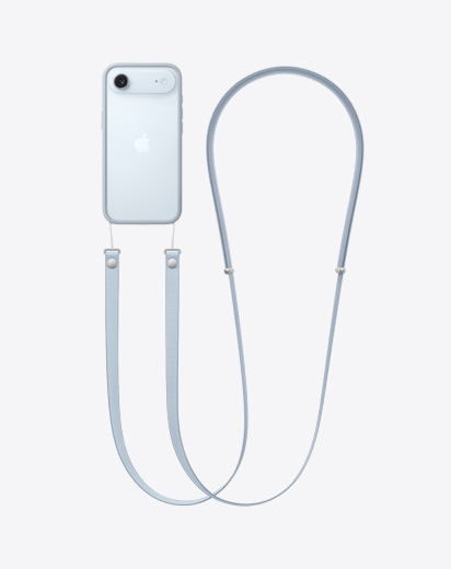 iPhone Air, parte trasera, correa Crossbody enganchada a una funda Bumper en color azul claro