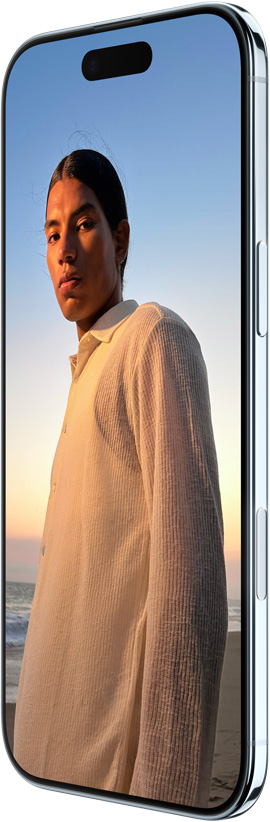 iPhone Air, parte frontal, parte lateral, diseño de pantalla de borde a borde, Dynamic Island en la parte superior, botón lateral y Control de Cámara