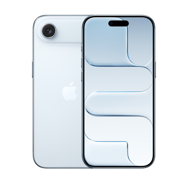 スカイブルーのiPhone Airの背面の外観。上部にFusionカメラシステム、中央にAppleのロゴがある。前面の外観。スカイブルーのカラー、上部の中央にDynamic Islandがある