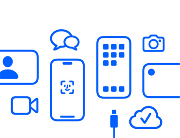 أجهزة Apple وميزاتها، iCloud، iPhone مع بصمة الوجه وكابل شحن، الكاميرا، الرسائل
