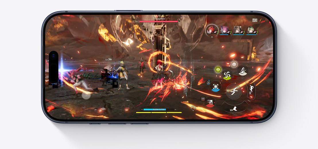iPhone front exterior, horizontal, screen showing video game being played