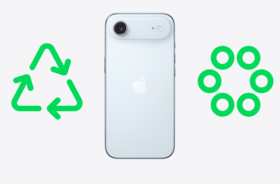 iPhone Air back, green recycling icon, green circular materials icon