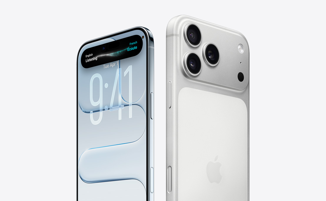 Dykumų titano spalvos „iPhone 16 Pro“ nugarėlė su trimis kameros objektyvais už kito „iPhone 16 Pro“, kurio ekrane rodomos „Dynamic Island“ galimybės.