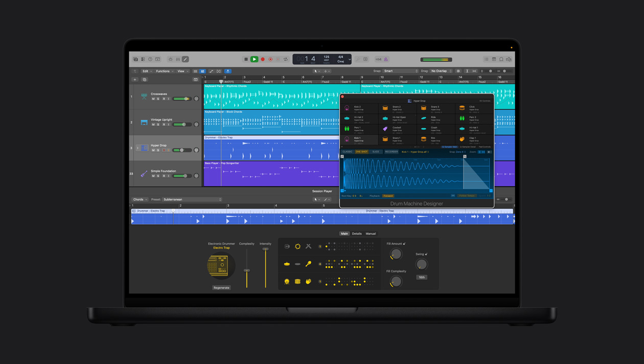 MacBook Pro 16 screen showing Electronic Drummer, Hyper Drop window is open with Drum Kit Designer, to the left are rows for Crosswaves, Vintage Upright, Hyper Drop, Simple Foundation, at the bottom is Electronic Drummer Electro Trap controls