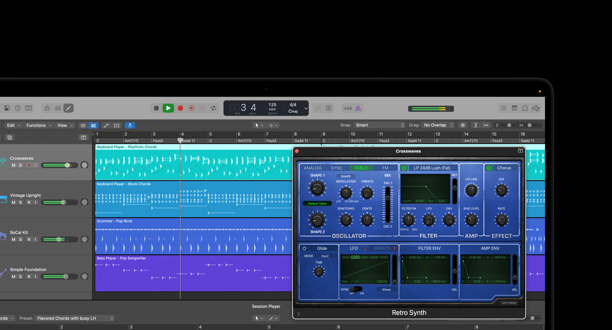 MacBook Pro 16 screen retro synth designer module with controls for oscillators filters amps and effects