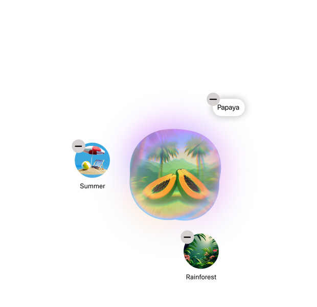 عرض ميزة: Image Playground يقوم بإنشاء عدة صور مستوحاة من الكلمات: 'بابايا'، و'صيف'، و'غابة مطيرة'