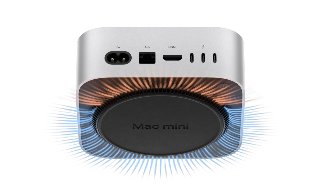 لقطة لمنافذ Mac mini الخلفية، في رسم توضيحي شفاف لإظهار أنظمة الحرارة والتهوية أسفل الهيكل المصنوع من الألومنيوم