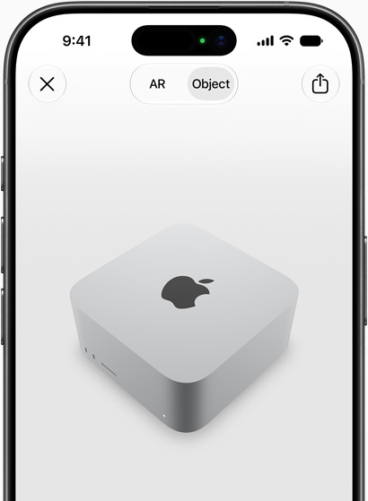 Vorschau des Mac Studio, die als AR Erlebnis auf einem iPhone angezeigt wird