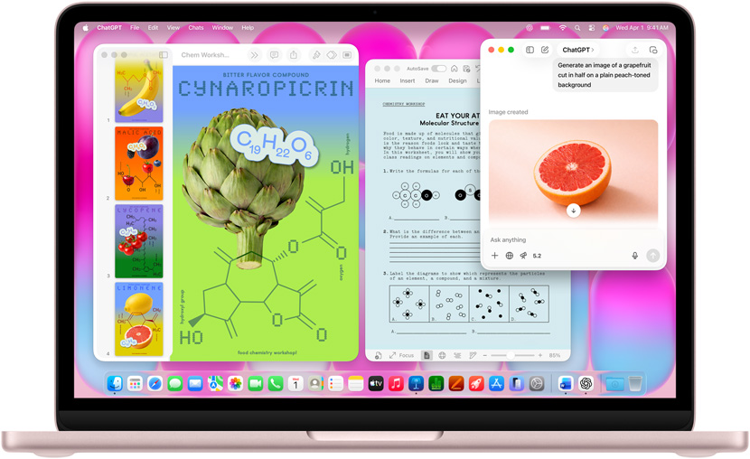 블러시 색상 MacBook Neo에서 ChatGPT를 사용해 자몽 이미지를 생성하는 모습. 그 외 다른 윈도우에는 과일과 채소 그리고 관련 분자 화합물의 이미지가 포함된 분자 포스터라는 제목의 Keynote 문서와 관련 Microsoft Word 문서가 열려 있습니다.