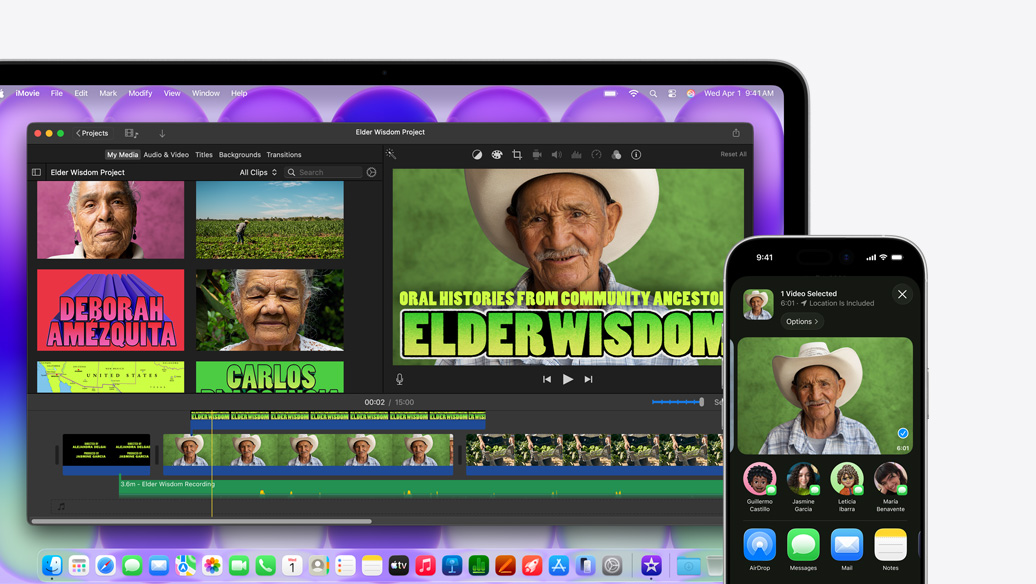 Elder Wisdom Project라는 제목의 iMovie 윈도우를 보여주는 실버 색상 MacBook Neo, 그 옆에 iPhone이 iMovie 윈도우에 표시된 사람 중 한 사람의 동영상을 보여주고 있으며, 동영상 아래에는 AirDrop을 포함한 공유 옵션 목록이 표시되어 있습니다