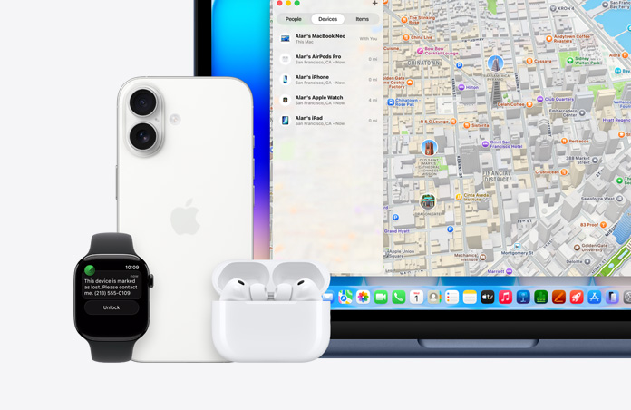 iPhone, AirPods Pro, 인디고 색상 MacBook Neo 옆에 놓인 Apple Watch 화면에 ‘이 기기는 분실된 것으로 표시되어 있습니다. 전화번호를 알려주세요’라는 내용의 텍스트가 표시되어 있고, 화면에는 지도와 각 기기의 위치가 나열된 ‘나의 찾기’ 앱이 표시되어 있습니다