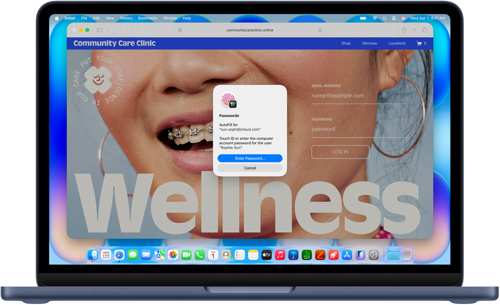 인디고 색상 MacBook Neo에서 Safari가 Community Care Clinic이라는 웹사이트에 로그인할 때 Touch ID 또는 암호를 사용하라는 메시지를 표시한 모습