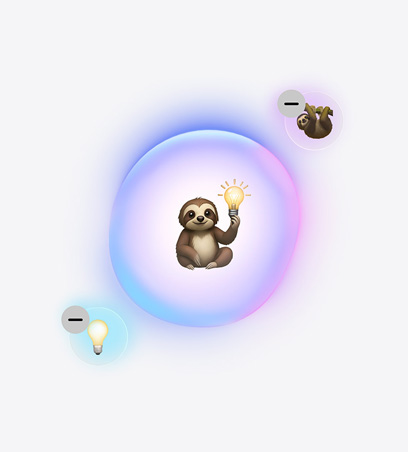 Genmoji 功能應用畫面，一個手上拿著燈膽的樹懶表情符號，周圍有另一個較小的樹懶表情符號，以及一個燈膽表情符號