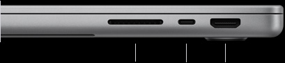 SDXC 카드 슬롯, Thunderbolt 4 포트 1개, HDMI 포트가 보이도록, M5 칩 탑재 MacBook Pro 14를 닫혀 있는 상태로 오른쪽 옆에서 바라본 모습