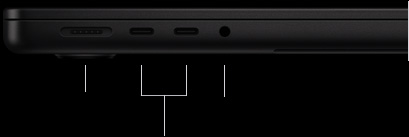 MagSafe 3 포트, Thunderbolt 5 포트 2개, 헤드폰 잭이 보이도록, M5 Pro 또는 M5 Max 칩 탑재 MacBook Pro 14를 닫혀 있는 상태로 왼쪽 옆에서 바라본 모습