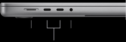 MagSafe 3 포트, Thunderbolt 5 포트 2개, 헤드폰 잭이 보이도록, MacBook Pro 16을 닫혀 있는 상태로 왼쪽 옆에서 바라본 모습