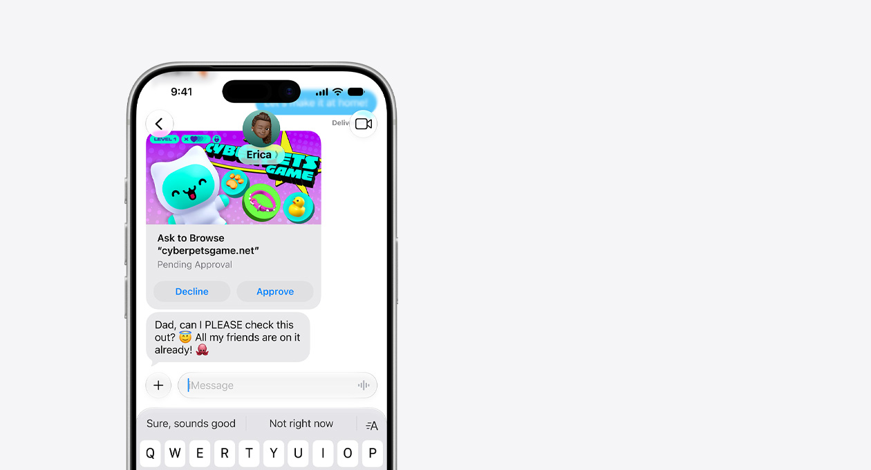 iPhone 17 Pro, Gümüş rengi, üstteki üçte ikilik kısmı gösteriliyor, önden görünümde cyberpetsgame.net ekran görüntüsüyle bir mesaj gösteriliyor, grafik altında Decline ve Approve düğmeleri yer alıyor, mesajda Dad, can I please check this out, all my friends are on it already yazıyor