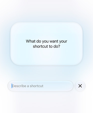 En skærm viser spørgsmål og svar fra en bruger og Siri AI angående funktionen Genveje. Teksten lyder: What do you want your shortcut to do?