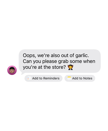 Alınan bir iMessage’ın altında iki eylem düğmesi öneriliyor: Add to Reminders ve Add to Notes