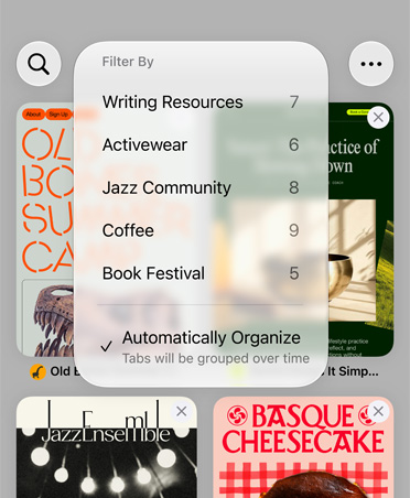 iPhone’un Safari tarayıcısında Writing Resources, Activewear, Jazz Community, Coffee ve Book Festival gibi kategorilerin yer aldığı Filter menüsü gösteriliyor ve Automatically Organize seçeneği işaretlenmiş