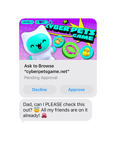 Ekranda cyberpetsgame.net ekran görüntüsüyle bir mesaj gösteriliyor, grafik altında Decline ve Approve düğmeleri yer alıyor, mesajda Dad, can I please check this out, all my friends are on it already yazıyor