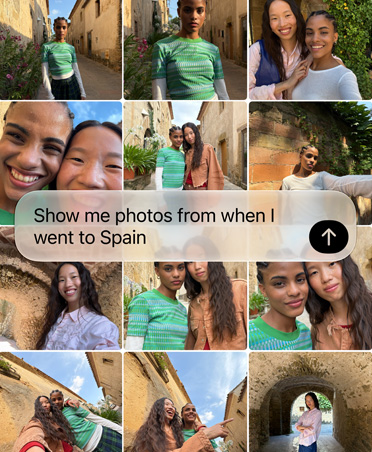 Son tatil fotoğraflarını göstermesi için Siri AI sorgusunu gösteren ekran, sorgu metni fotoğraf ızgarasının üzerinde