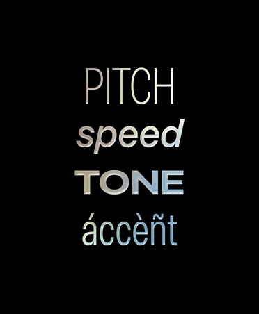 Siyah bir arka planda bir sesin karakteristik özellikleri maddeler halinde yazılmış: Pitch, speed, tone, accent