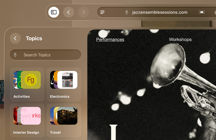 Apple&nbsp;Vision&nbsp;Pro مع صفحة سفاري مفتوحة وقائمة القراءة مجمّعة بحسب المواضيع