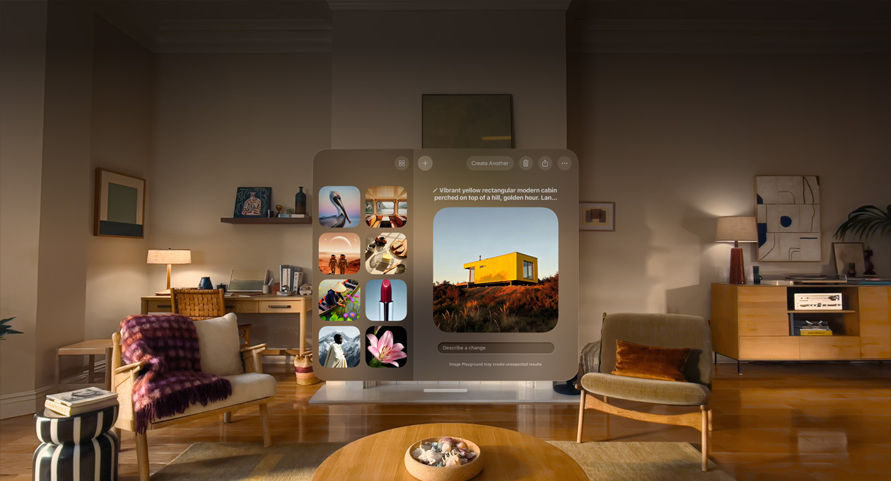عرض من خلال Apple&nbsp;Vision&nbsp;Pro لتطبيق عالم الصور أثناء استخدامه، صورة لكوخ أصفر اللون على رأس تلة قيد التعديل، نص تحت الصورة يقول: صِف التغيير