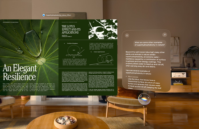عرض لتقرير على Apple&nbsp;Vision&nbsp;Pro في الجهة اليسرى، وطلب استعلام موجّه إلى Siri مع إجابات في الجهة اليمنى