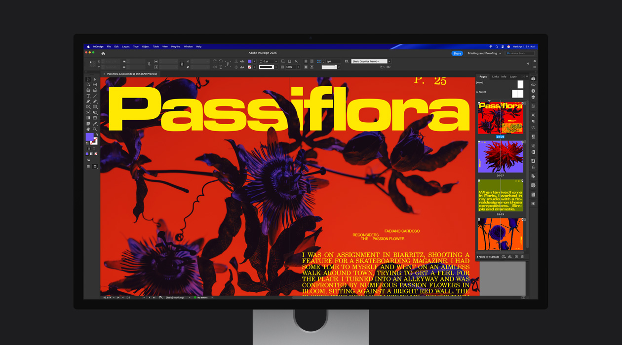 Em um arquivo do Adobe InDesign 2026, uma página vibrante de revista mostra o espaço de cores P3 + Adobe RGB
