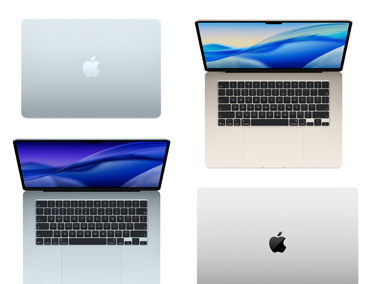 Cuatro ordenadores Mac de varios modelos, tamaños y colores que ilustran la amplia gama de opciones de personalización